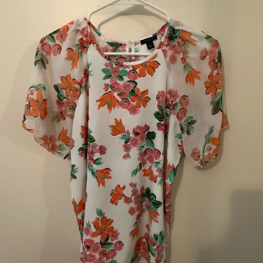 Ann Taylor Floral Blouse - White with Orange and Pink